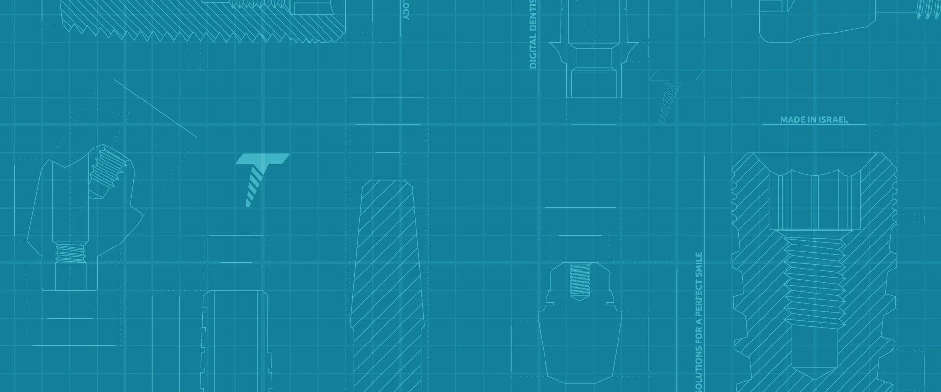 GDT Dental Implants catalog background with technical implant blueprint drawings, grid lines, and dental component cross-section illustrations.