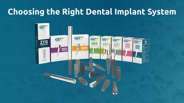 selection of dental implant systems from GDT, including ZYG, MAX, MOR, RBM, ABA, CFI, ONE PIECE, and CON. Each implant is shown with its packaging, highlighting differences in geometry and connection type.