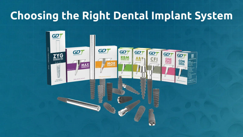 selection of dental implant systems from GDT, including ZYG, MAX, MOR, RBM, ABA, CFI, ONE PIECE, and CON. Each implant is shown with its packaging, highlighting differences in geometry and connection type.