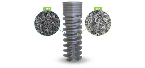 3D model of half of GDT MOR Spiral Dental Implant with SLA Surface, and half of GDT RBM Spiral Dental Implant with RBM Surface