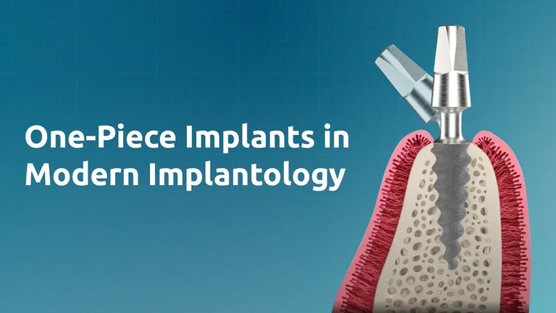 Digital illustration showing a cross-section of a dental one-piece implant integrated into jawbone and gum tissue, with the title "One-Piece Implants in Modern Implantology" displayed on a blue background.