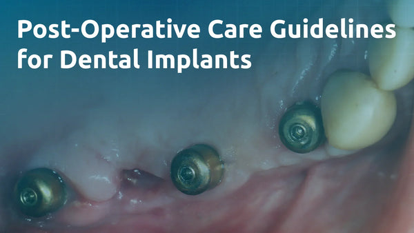 Clinical image of a patient's lower jaw showing three dental implants with healing caps abutments in place, surrounded by healing soft tissue