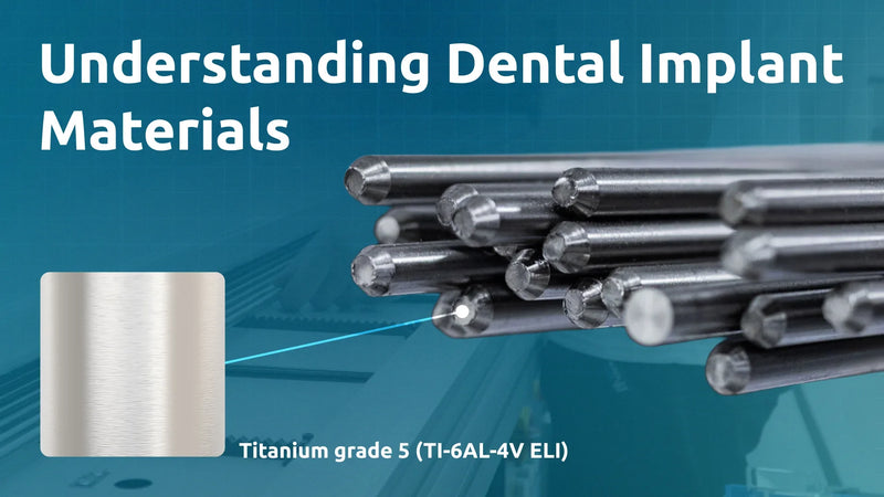 bundle of polished titanium rods, with a close-up inset highlighting the metallic surface texture. The background shows part of a manufacturing setup, emphasizing the industrial context of dental implant material processing.