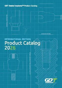 Product catalog cover with technical drawings and GDT Dental Implants branding