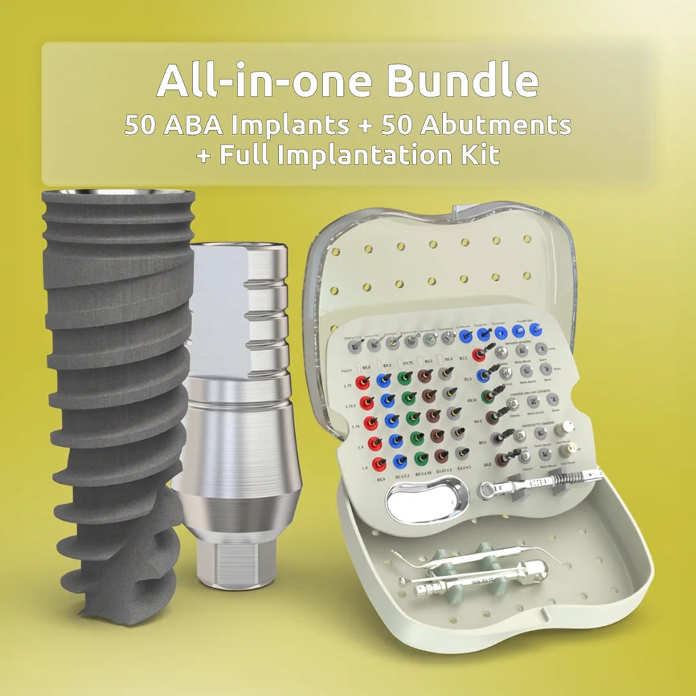 All in One Bundle - 50 ABA Implants, 50 Straight Abutments and Full Implantation Kit