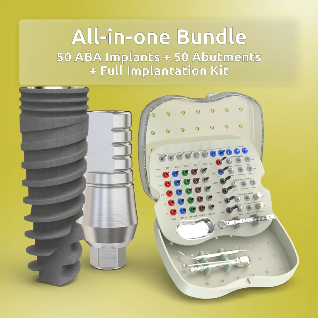 Paquete todo en uno: 50 implantes ABA, 50 pilares rectos y kit de implantación completo