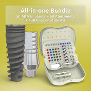 Paquete todo en uno: 50 implantes ABA, 50 pilares rectos y kit de implantación completo