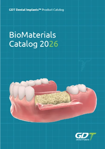 Cover of GDT Dental Implants BioMaterials Catalog 2026 with dental model and text on a blue grid background