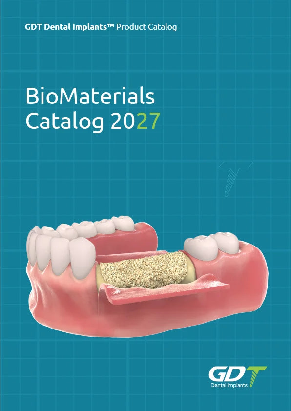 GDT Dental Implants BioMaterials Catalog 2027 cover featuring a 3D jaw model with a bone graft material placed in a mandibular defect.