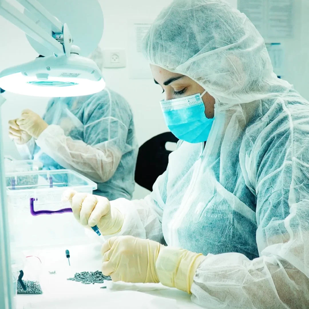 GDT cleanroom technician inspecting dental implant components under magnification during packaging preparation.