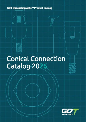 Cover of GDT Dental Implants Conical Connection Catalog 2026 with technical drawings and branding.
