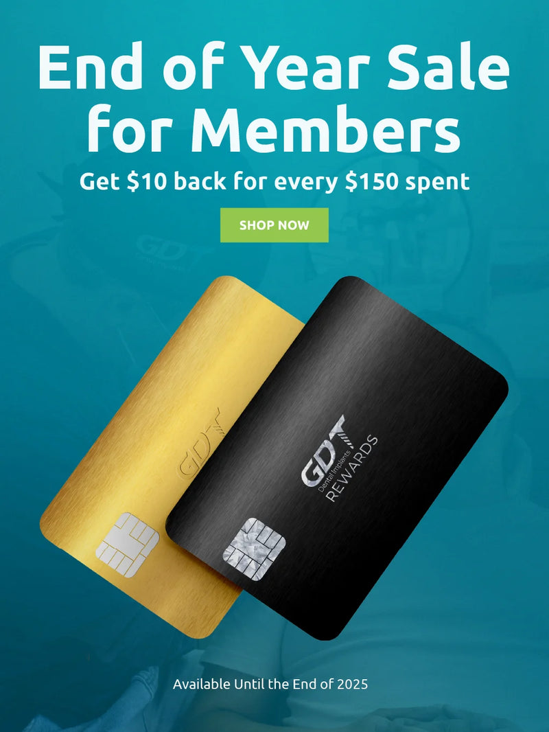 GDT Dental Implants end-of-year sale banner offering $10 back for every $150 spent, featuring gold and black GDT Rewards cards, valid through 2025.