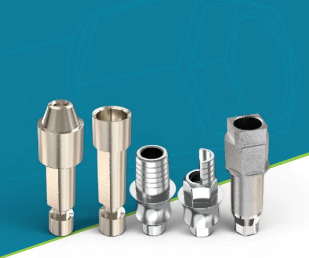 Set of GDT CAD/CAM abutments on a blue background