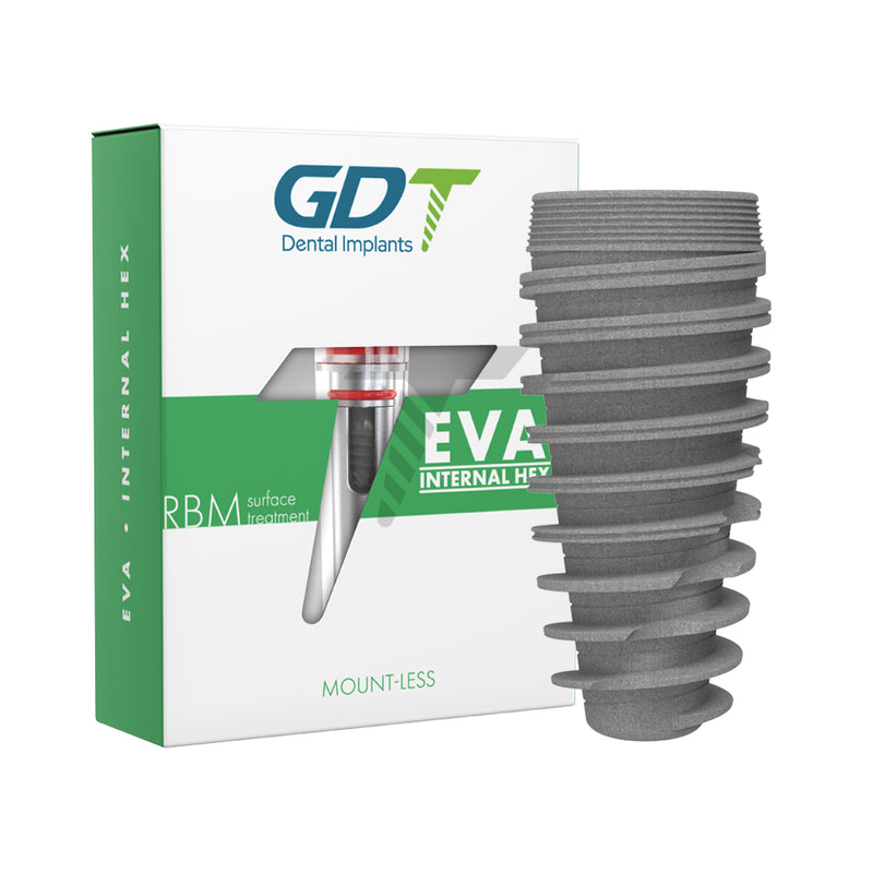 GDT EVA - Mountless Dental Implant Internal Hex Connection Main Picture With Box And Implant