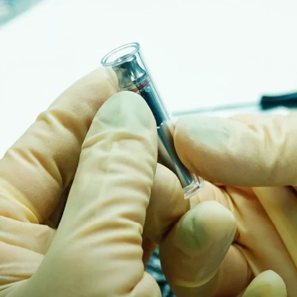 Gloved hands holding a sterile GDT dental implant vial in a cleanroom setting.