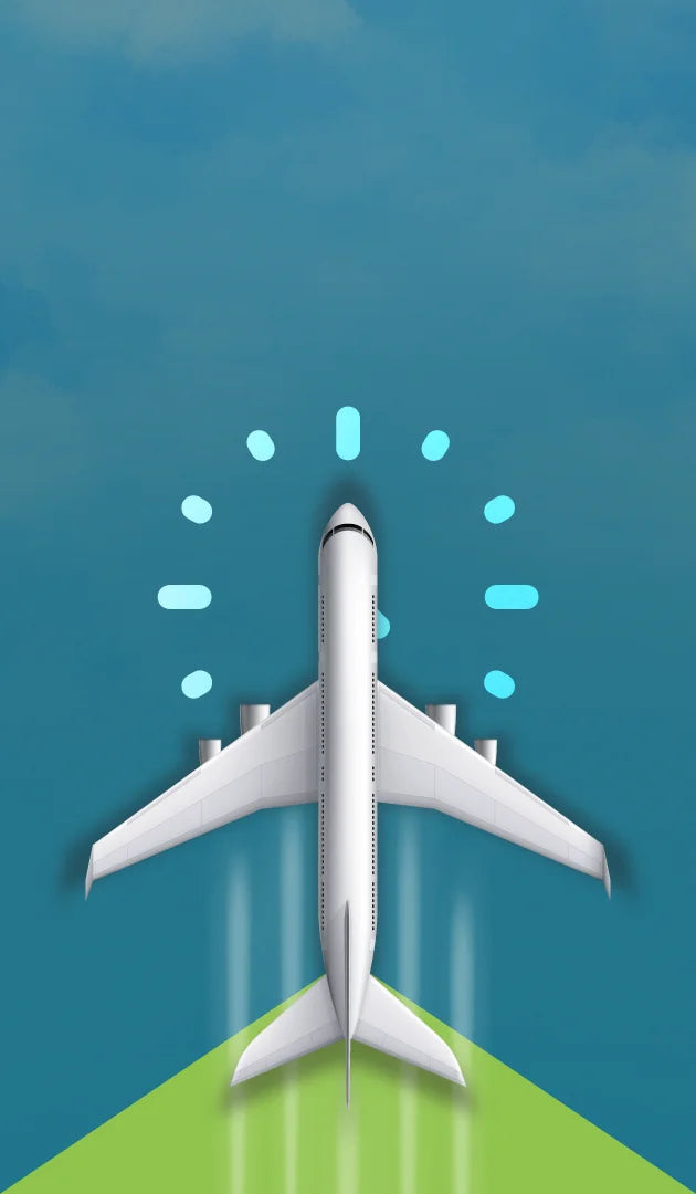 White airplane on a green platform with blue light effects against a blue sky