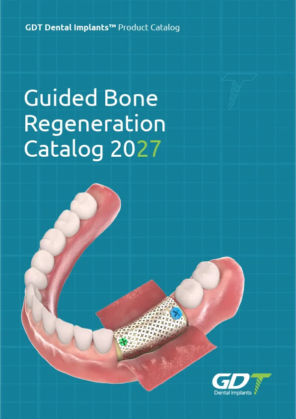 GDT Dental Implants Guided Bone Regeneration Catalog 2027 cover showing a mandibular model with a fixation mesh secured over a bone regeneration site.