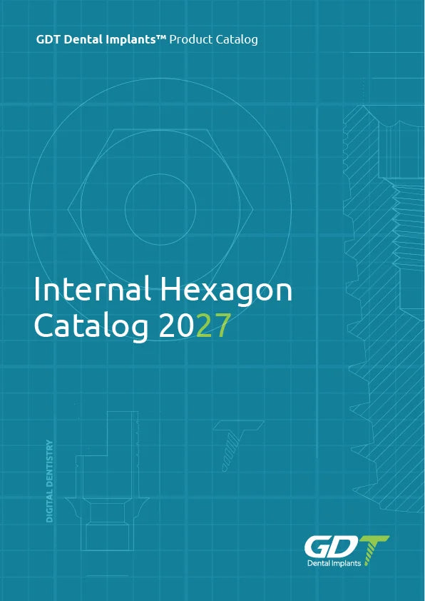 GDT Dental Implants Internal Hexagon Catalog 2027 cover featuring technical implant connection drawings on a teal blueprint-style background.