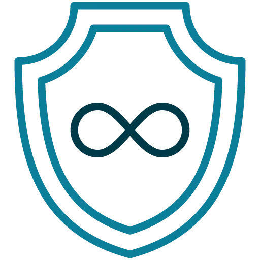 Shield icon with an infinity symbol in the center on a white background
