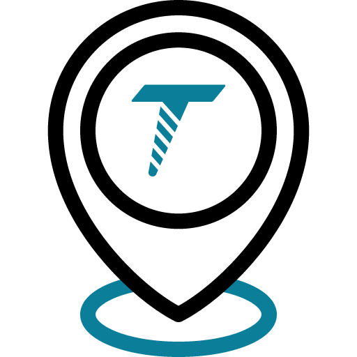 Map pin with gdt dental implants symbol representing company location or office address.
