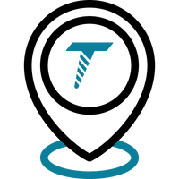 Map pin with gdt dental implants symbol representing company location or office address.