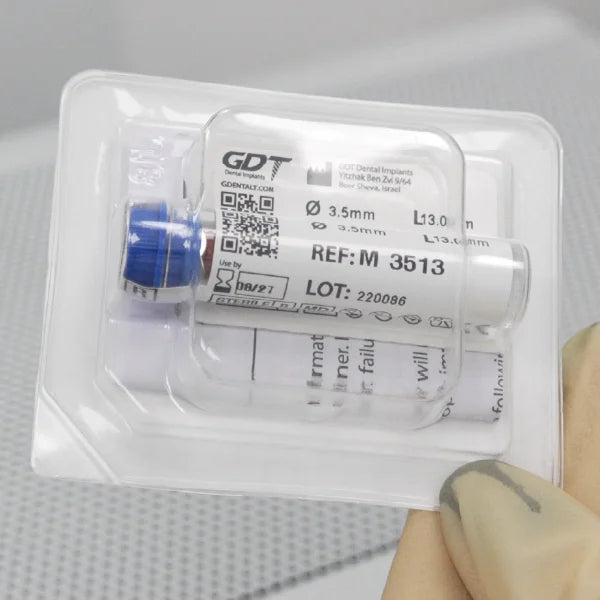 GDT MOR Internal Hex dental implant sealed in sterile blister packaging with product label and QR code.