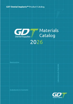 Cover of GDT Dental Supplies 2026 Materials Catalog on a blue grid background