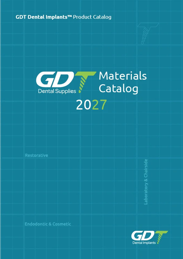 GDT Dental Supplies Materials Catalog 2027 cover with sections for restorative, laboratory, chairside, endodontic, and cosmetic dental materials.