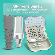 Paquete todo en uno - 100 implantes cónicos NP, 100 pilares rectos y kit de implantación completo