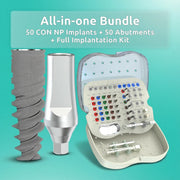 Paquete todo en uno: 50 implantes NP cónicos, 50 pilares rectos y kit de implantación completo
