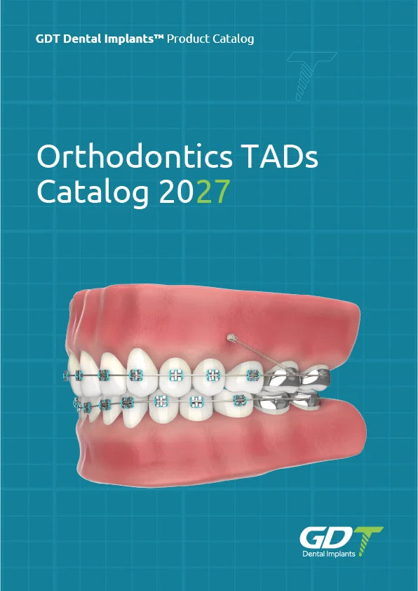 GDT Dental Implants Orthodontics TADs Catalog 2027 cover showing a 3D dental model with braces and an orthodontic temporary anchorage device.