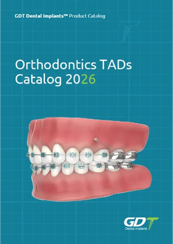 Cover of Orthodontics TADs Catalog 2026 featuring dental implants on a blue background with GD Dental Implants logo.