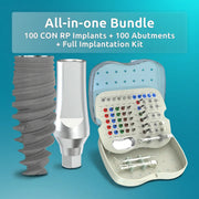 Paquete todo en uno: 100 implantes cónicos de RP, 100 pilares rectos y kit de implantación completo