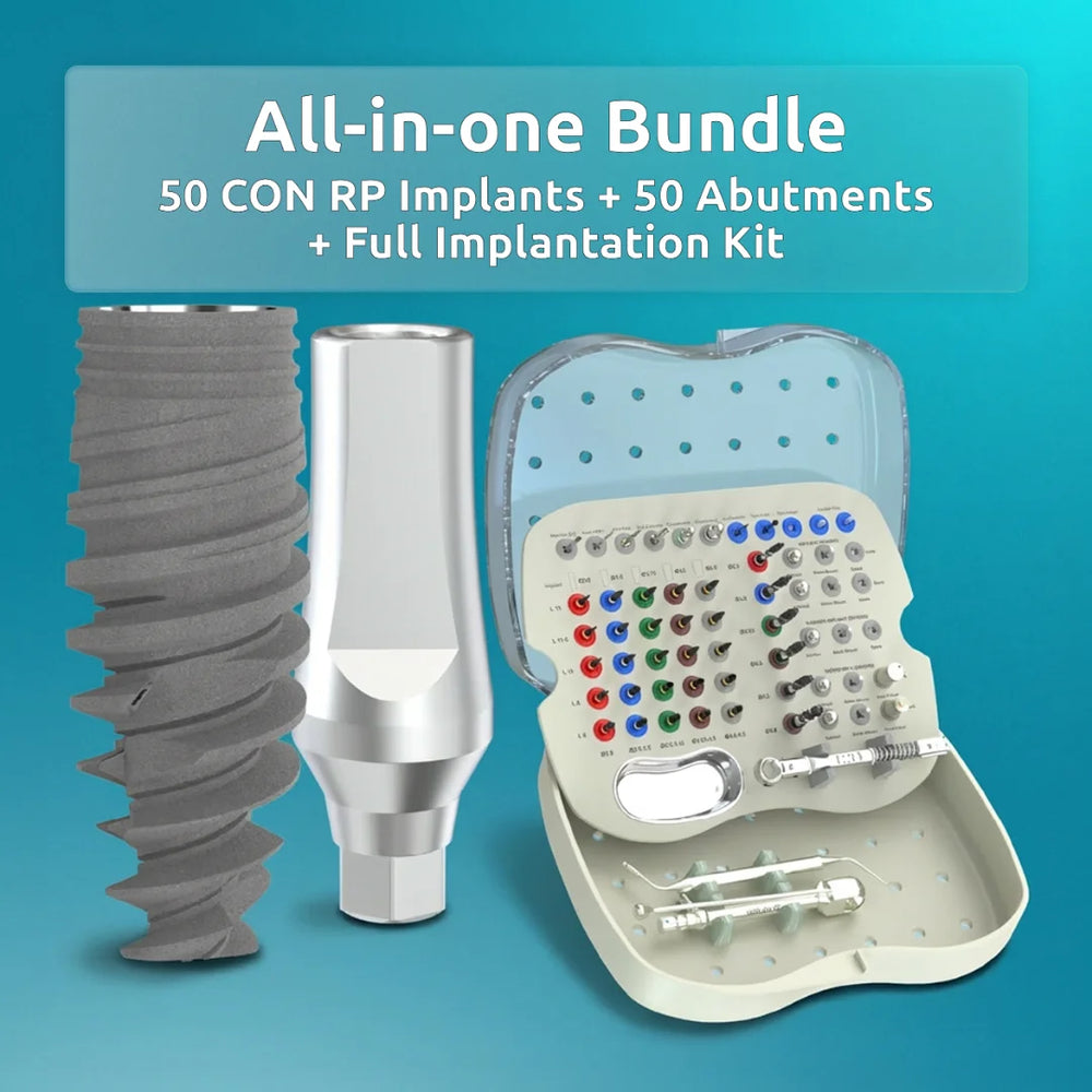 Paquete Todo en Uno - 50 implantes cónicos de RP, 50 pilares rectos y kit de implantación completo