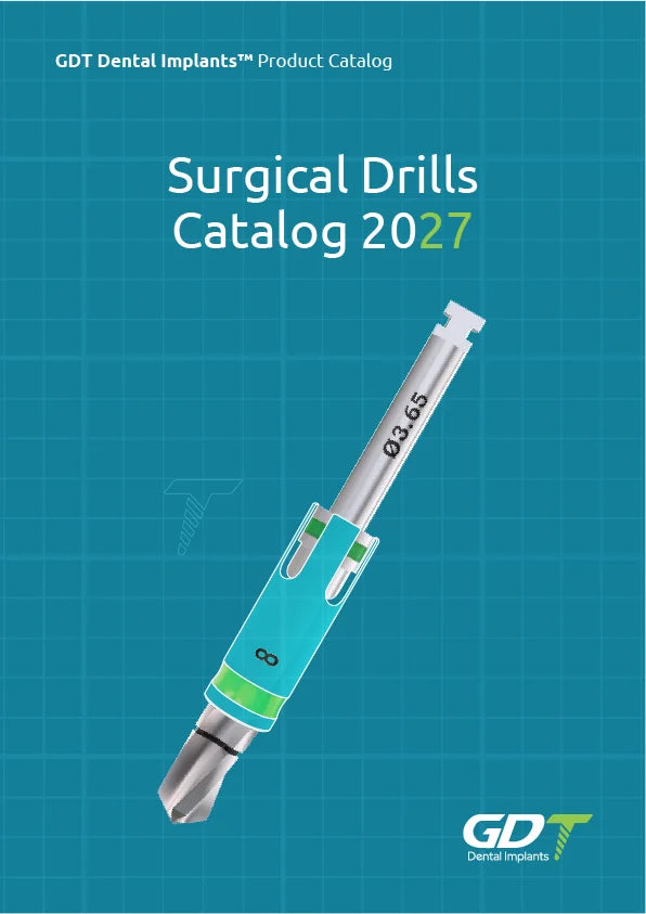 GDT Dental Implants Surgical Drills Catalog 2027 cover featuring a dental implant surgical drill with a depth-control component.