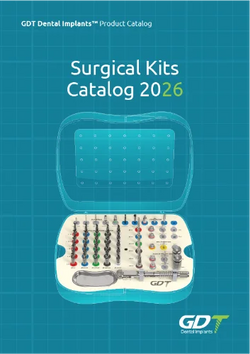 Cover of GDT Dental Implants Surgical Kits Catalog 2026 with a blue background and dental tool illustration.