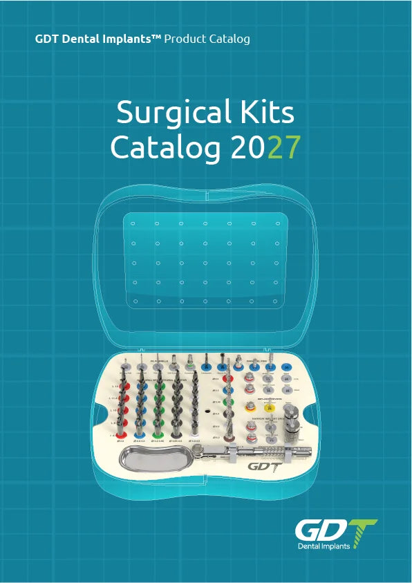 GDT Dental Implants Surgical Kits Catalog 2027 cover showing an open surgical kit containing organized drills, drivers, and implant placement instruments.