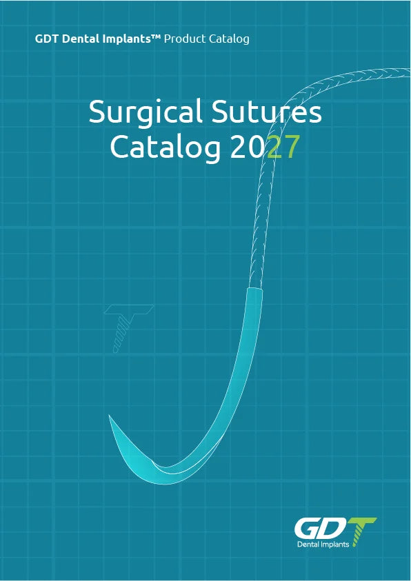 GDT Dental Implants Surgical Sutures Catalog 2027 cover featuring a curved surgical needle with attached braided suture.