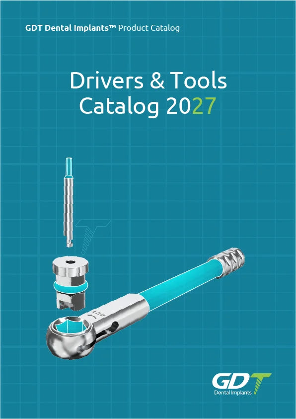 GDT Dental Implants Drivers & Tools Catalog 2027 cover featuring a dental torque wrench, implant driver, and prosthetic tool components.