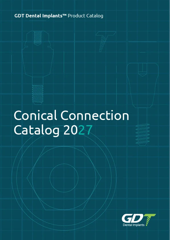 GDT Dental Implants Conical Connection Catalog 2027 cover with technical implant and abutment drawings on a teal blueprint-style background.