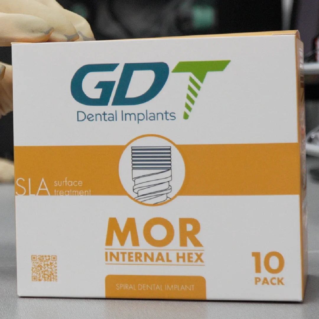 GDT MOR Internal Hex 10 pack dental implant box with SLA surface treatment branding.