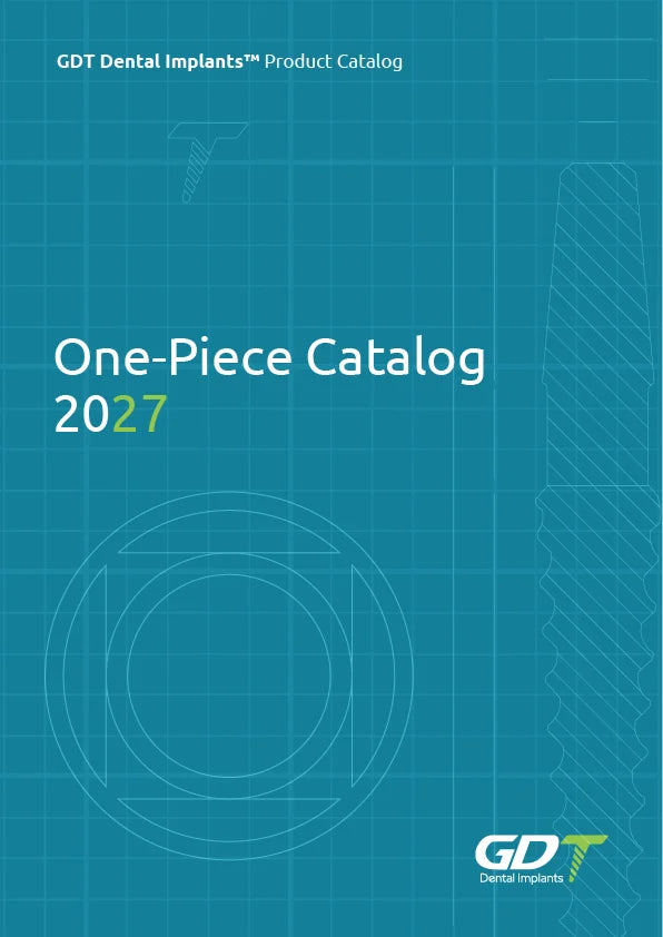 GDT Dental Implants One-Piece Catalog 2027 cover featuring technical drawings of a one-piece dental implant on a teal blueprint-style background.